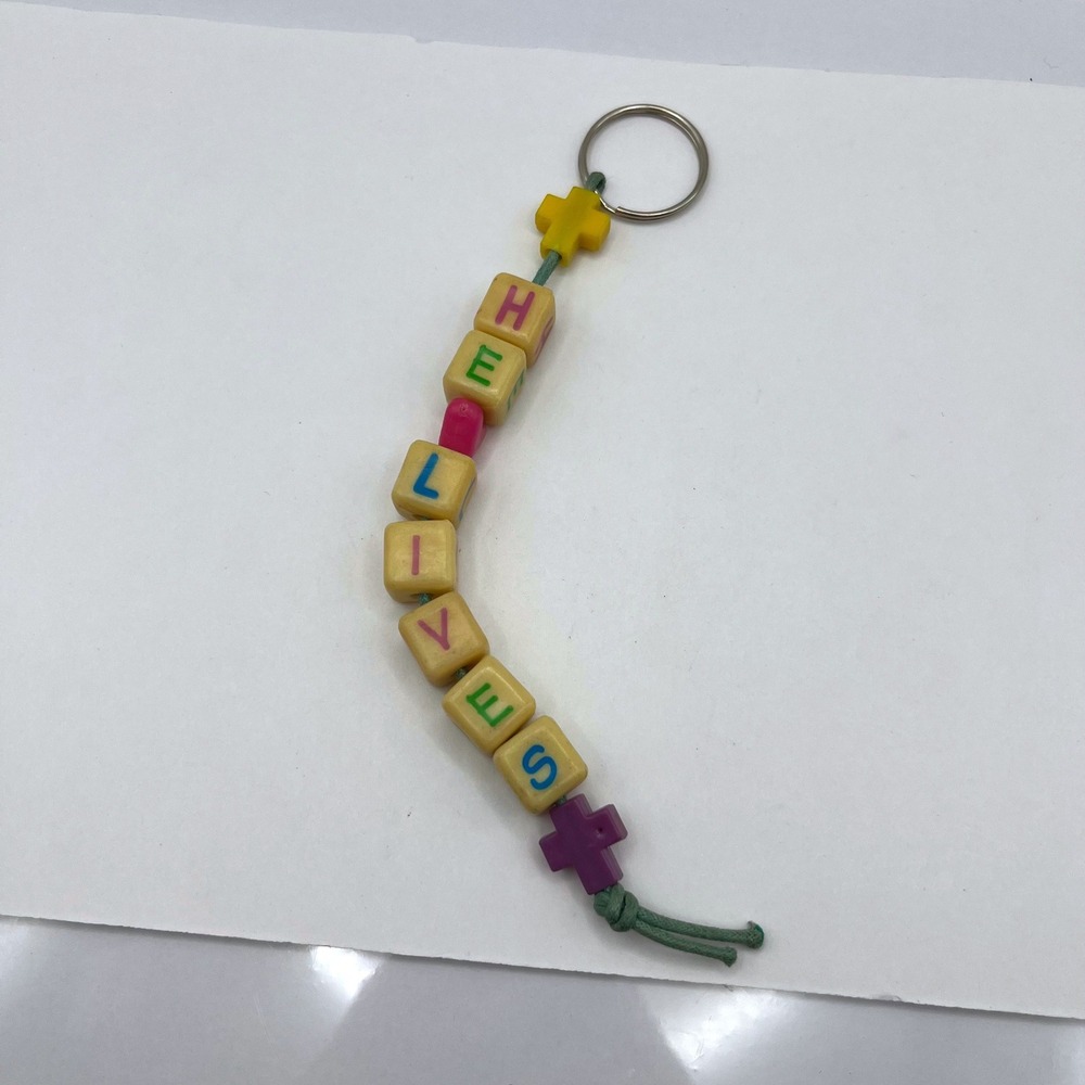 Vintage‎ He Lives Christian Keychain Religious Faith Beaded Charm Cross Pendant